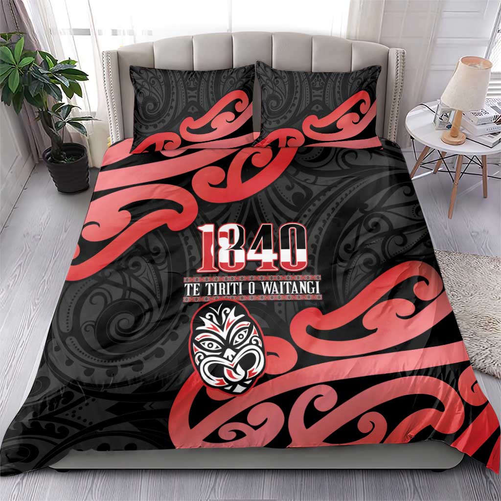 New Zealand 1840 Waitangi Day Bedding Set Aotearoa Haka Mask - Red Version - Vibe Hoodie Shop
