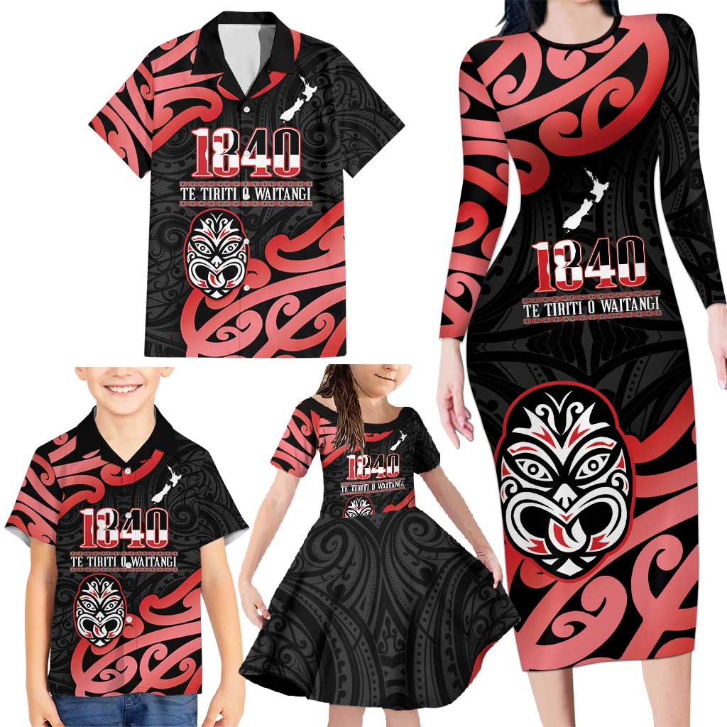 New Zealand 1840 Waitangi Day Family Matching Long Sleeve Bodycon Dress and Hawaiian Shirt Aotearoa Haka Mask - Red Version