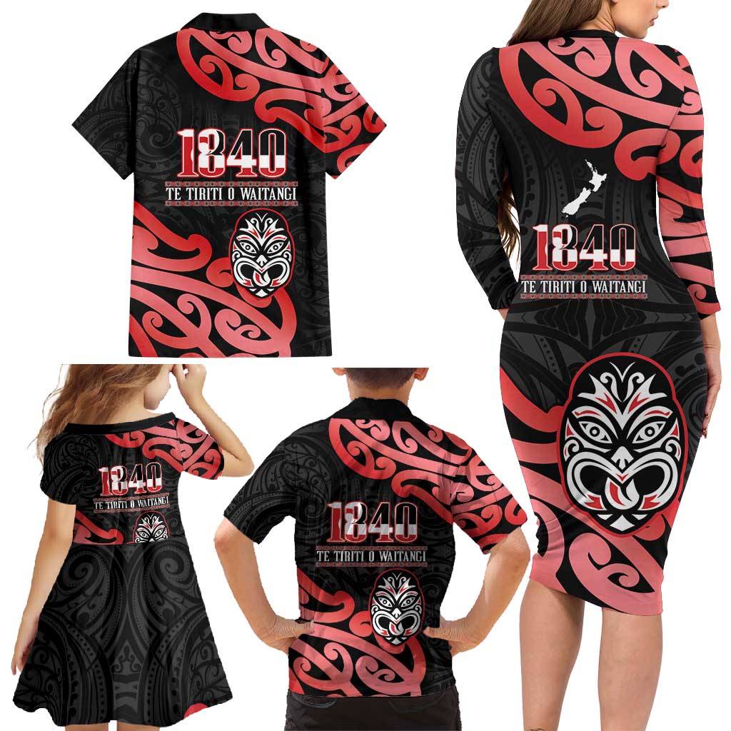 New Zealand 1840 Waitangi Day Family Matching Long Sleeve Bodycon Dress and Hawaiian Shirt Aotearoa Haka Mask - Red Version