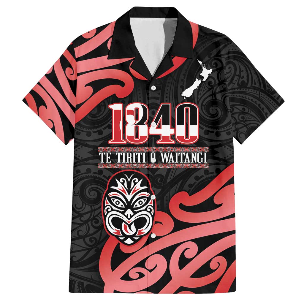 New Zealand 1840 Waitangi Day Family Matching Long Sleeve Bodycon Dress and Hawaiian Shirt Aotearoa Haka Mask - Red Version