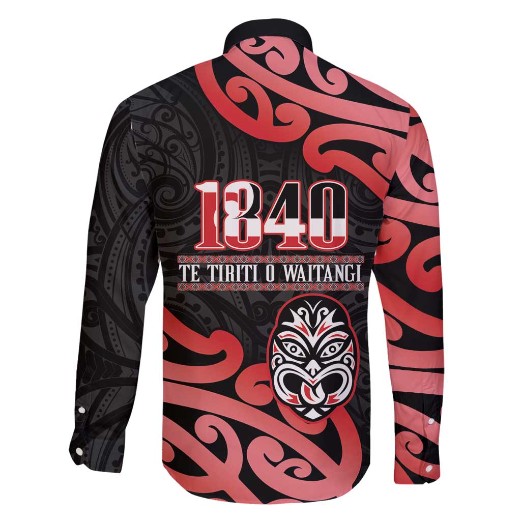 New Zealand 1840 Waitangi Day Family Matching Long Sleeve Bodycon Dress and Hawaiian Shirt Aotearoa Haka Mask - Red Version