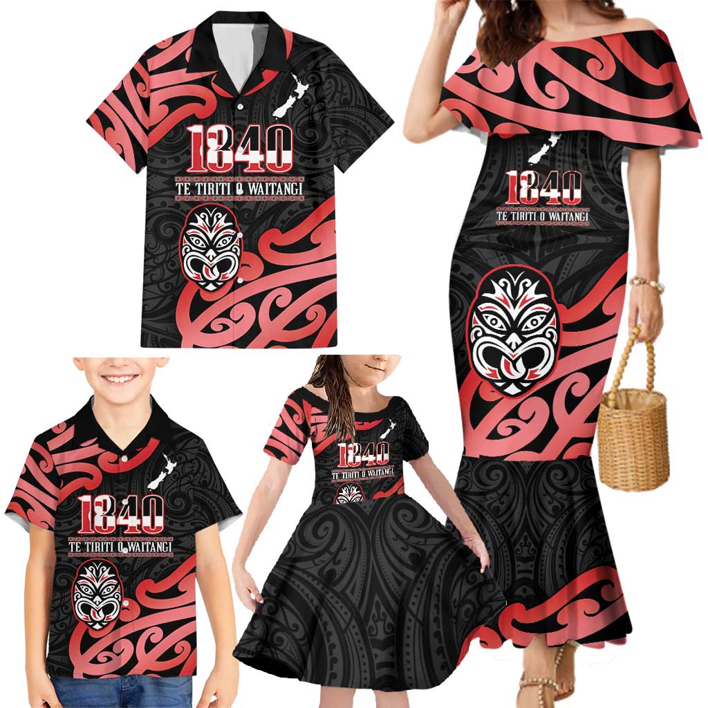 New Zealand 1840 Waitangi Day Family Matching Mermaid Dress and Hawaiian Shirt Aotearoa Haka Mask - Red Version