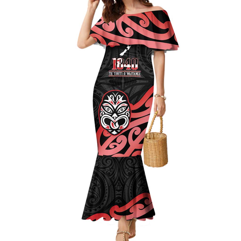 New Zealand 1840 Waitangi Day Family Matching Mermaid Dress and Hawaiian Shirt Aotearoa Haka Mask - Red Version