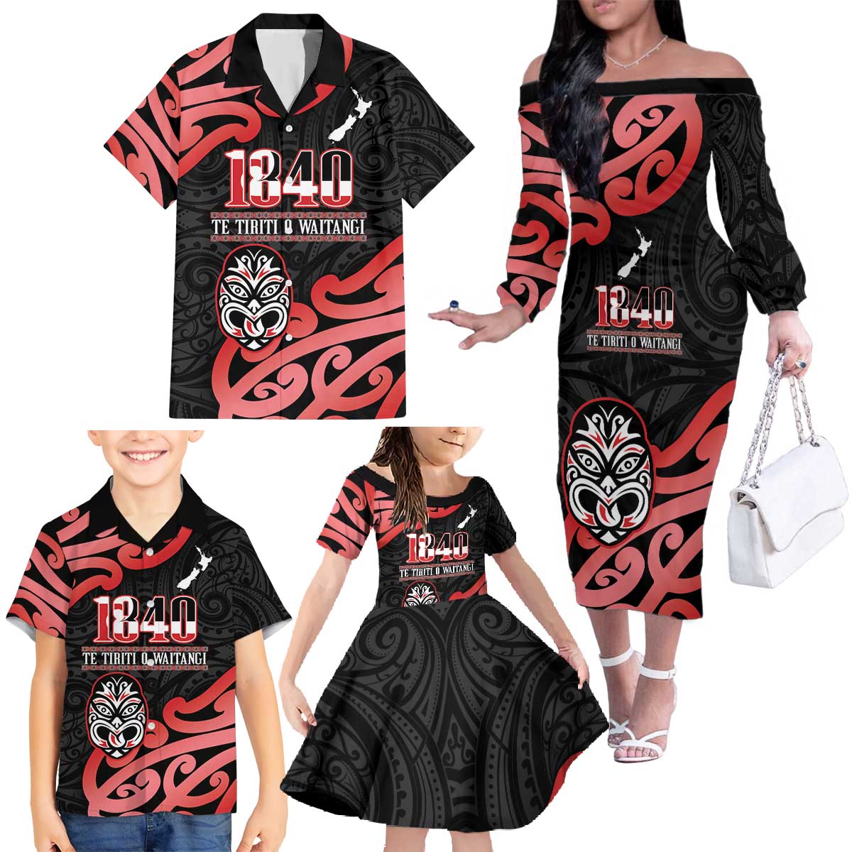 New Zealand 1840 Waitangi Day Family Matching Off The Shoulder Long Sleeve Dress and Hawaiian Shirt Aotearoa Haka Mask - Red Version