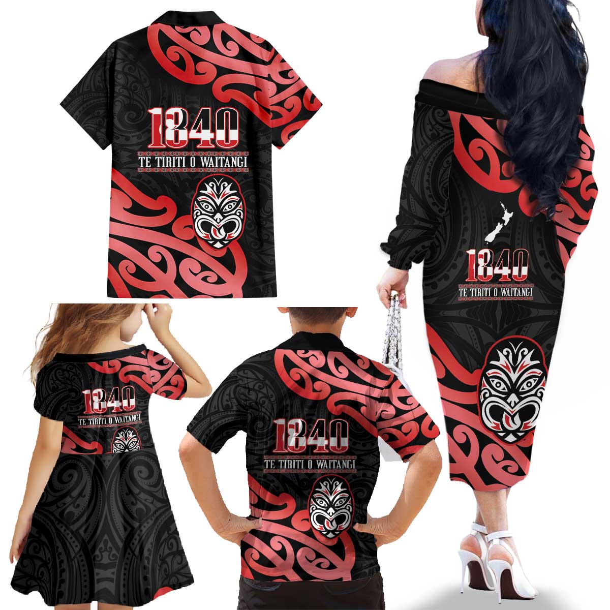 New Zealand 1840 Waitangi Day Family Matching Off The Shoulder Long Sleeve Dress and Hawaiian Shirt Aotearoa Haka Mask - Red Version