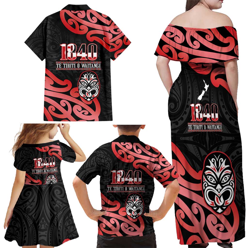 New Zealand 1840 Waitangi Day Family Matching Off Shoulder Maxi Dress and Hawaiian Shirt Aotearoa Haka Mask - Red Version