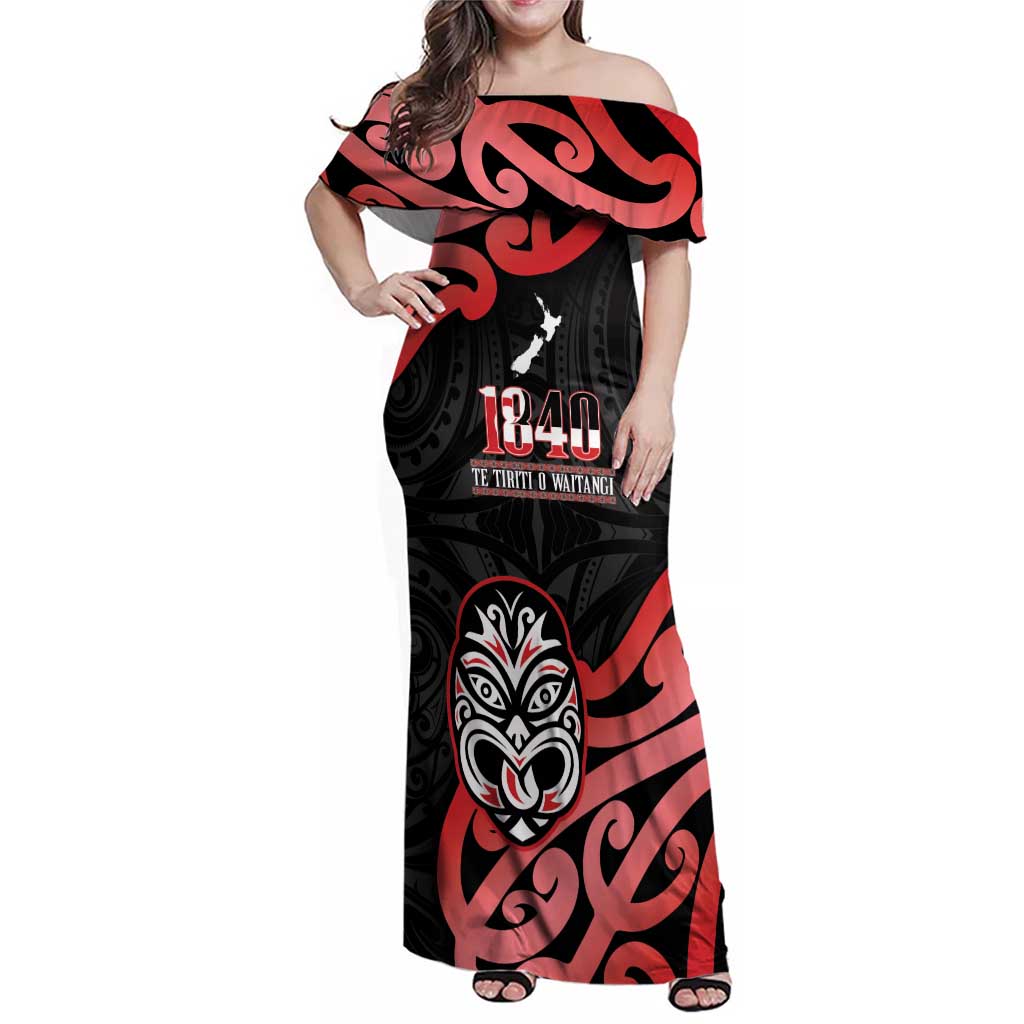 New Zealand 1840 Waitangi Day Family Matching Off Shoulder Maxi Dress and Hawaiian Shirt Aotearoa Haka Mask - Red Version