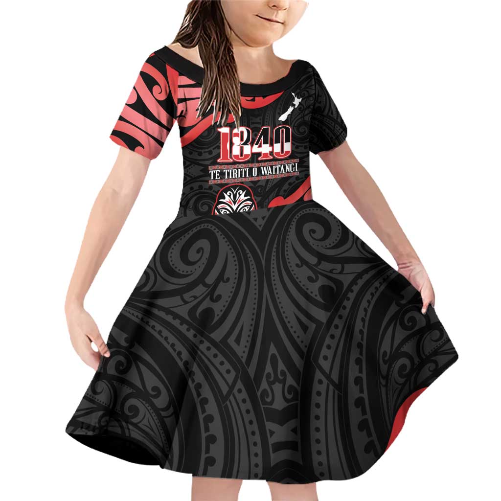 New Zealand 1840 Waitangi Day Family Matching Off Shoulder Short Dress and Hawaiian Shirt Aotearoa Haka Mask - Red Version