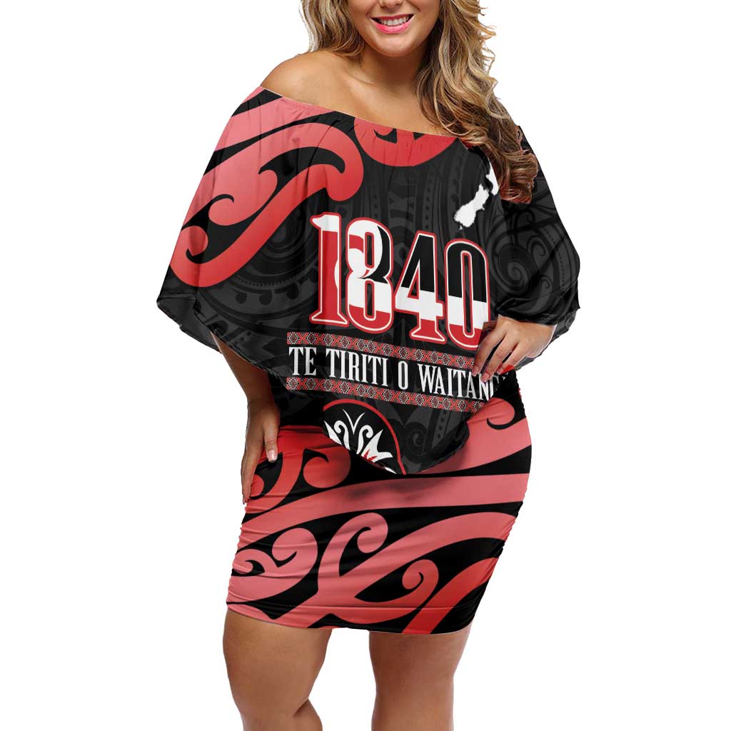 New Zealand 1840 Waitangi Day Family Matching Off Shoulder Short Dress and Hawaiian Shirt Aotearoa Haka Mask - Red Version