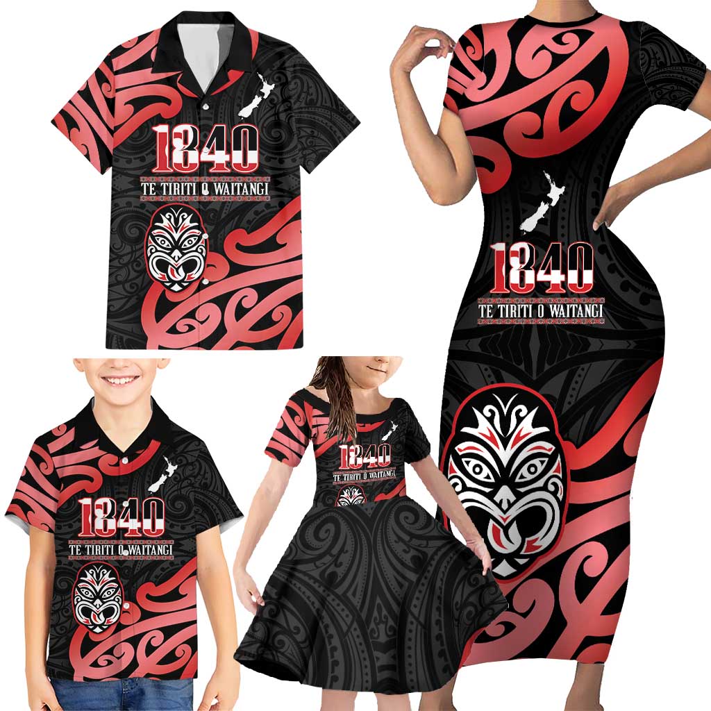 New Zealand 1840 Waitangi Day Family Matching Short Sleeve Bodycon Dress and Hawaiian Shirt Aotearoa Haka Mask - Red Version