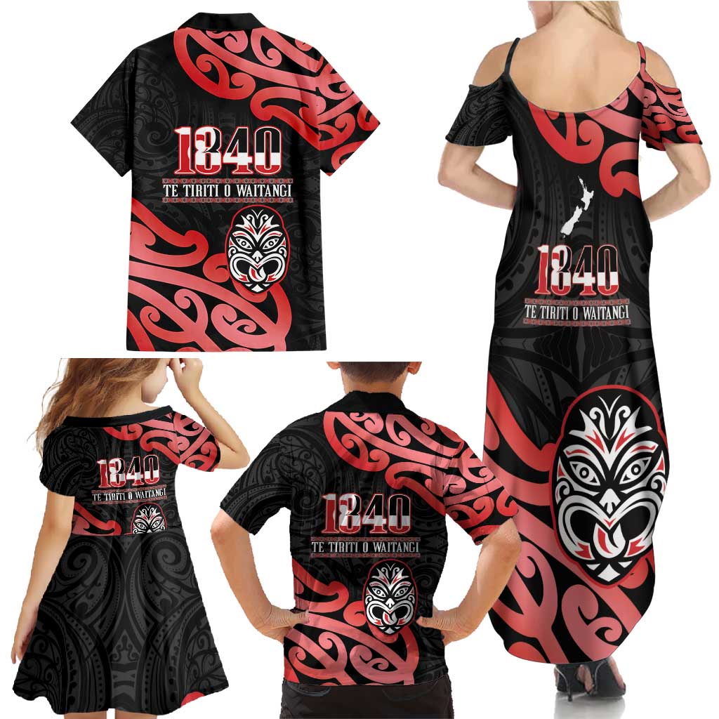 New Zealand 1840 Waitangi Day Family Matching Summer Maxi Dress and Hawaiian Shirt Aotearoa Haka Mask - Red Version