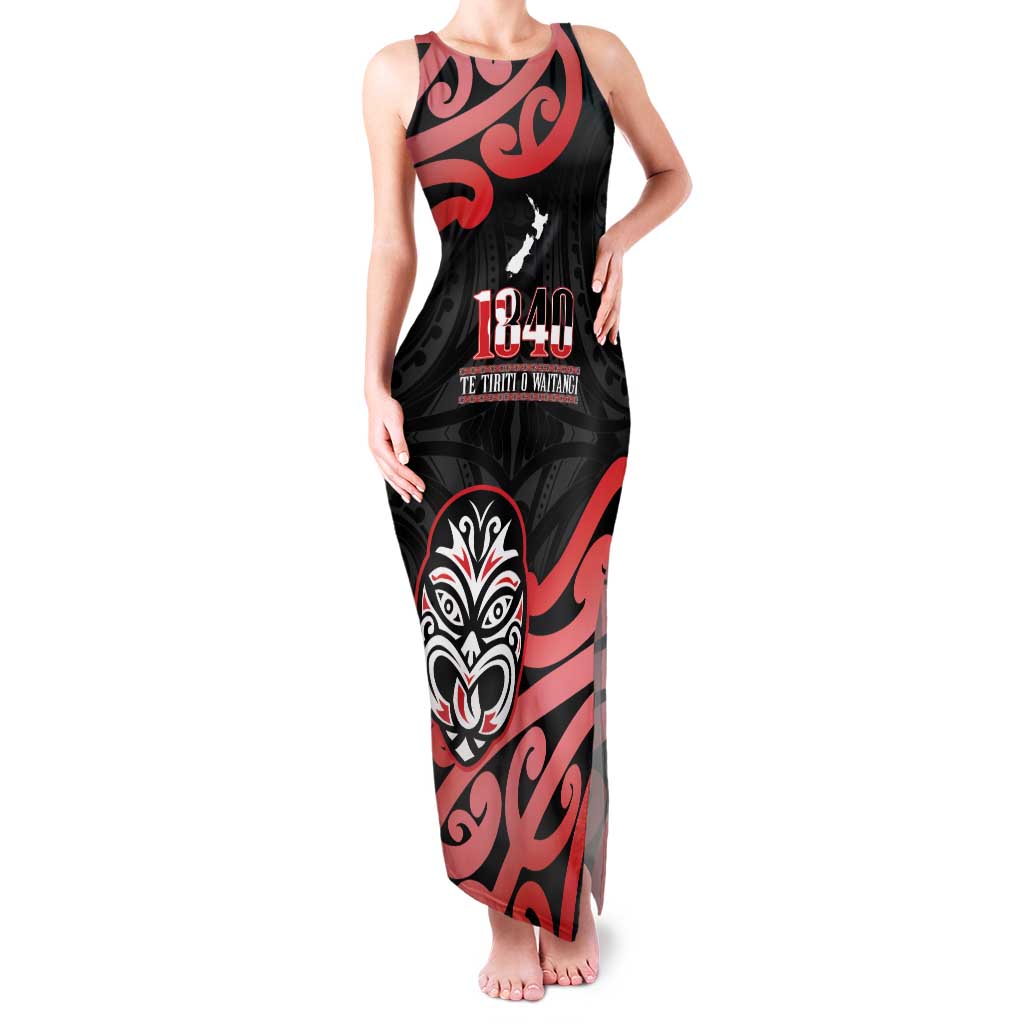 New Zealand 1840 Waitangi Day Family Matching Tank Maxi Dress and Hawaiian Shirt Aotearoa Haka Mask - Red Version