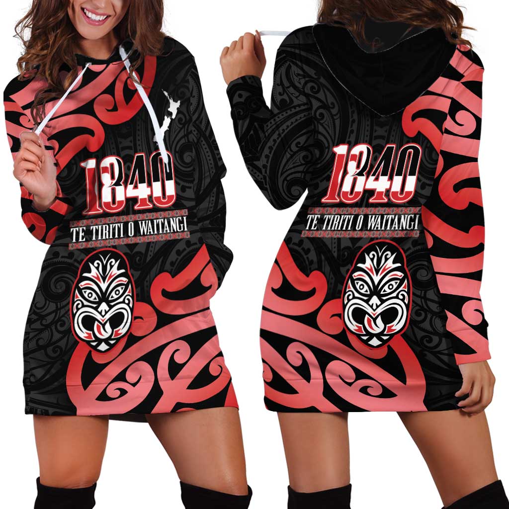 New Zealand 1840 Waitangi Day Hoodie Dress Aotearoa Haka Mask - Red Version - Vibe Hoodie Shop