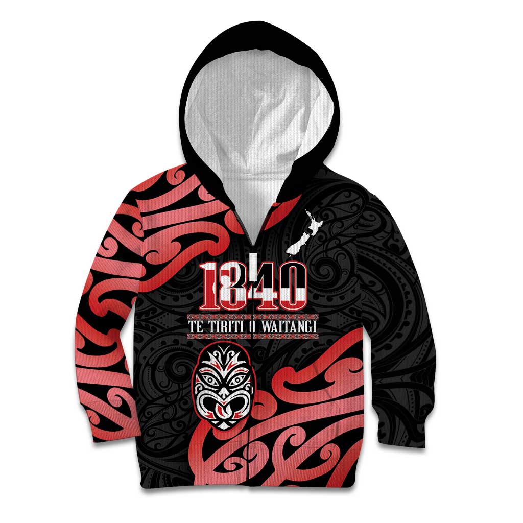 New Zealand 1840 Waitangi Day Kid Hoodie Aotearoa Haka Mask - Red Version - Vibe Hoodie Shop