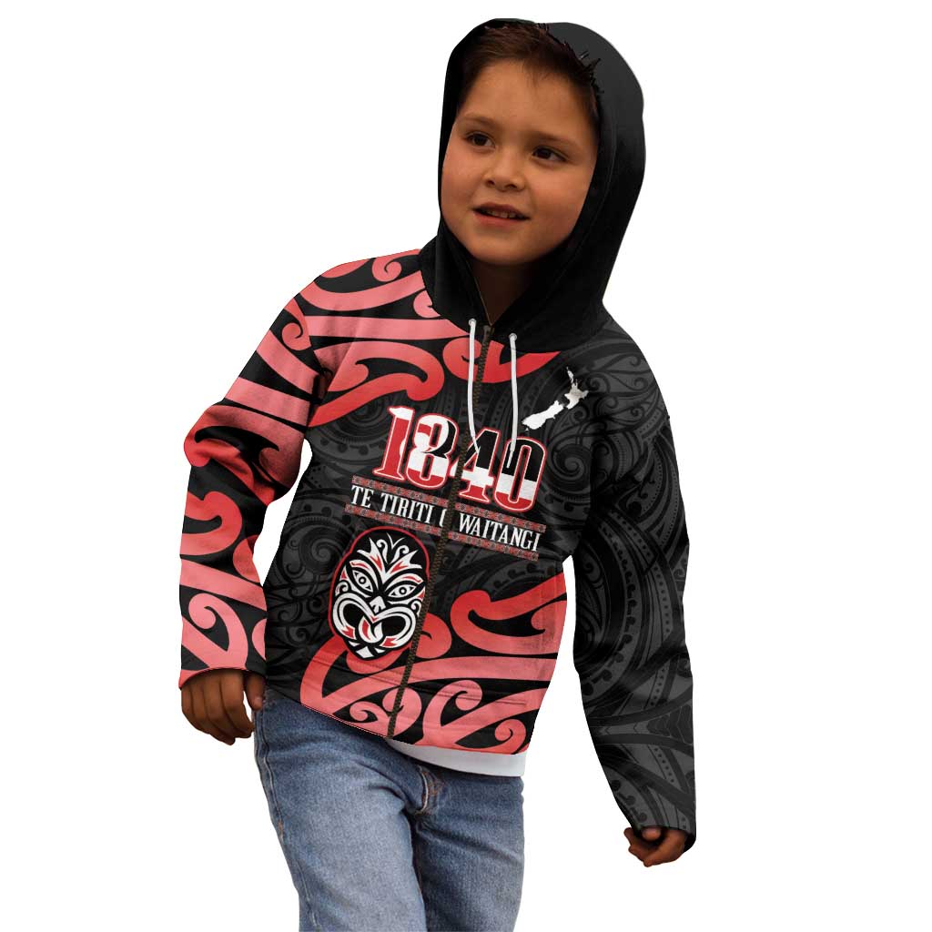 New Zealand 1840 Waitangi Day Kid Hoodie Aotearoa Haka Mask - Red Version - Vibe Hoodie Shop