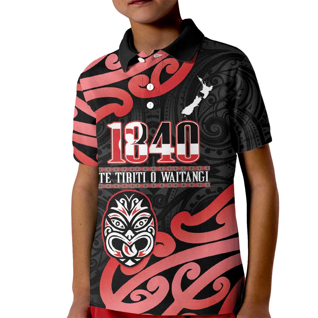 New Zealand 1840 Waitangi Day Kid Polo Shirt Aotearoa Haka Mask - Red Version - Vibe Hoodie Shop