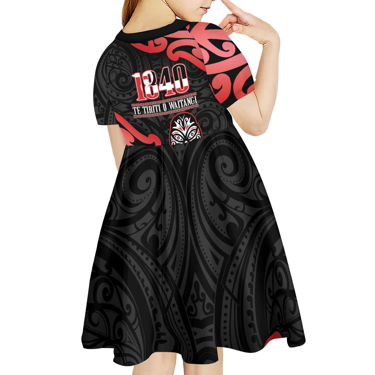 New Zealand 1840 Waitangi Day Kid Short Sleeve Dress Aotearoa Haka Mask - Red Version - Vibe Hoodie Shop