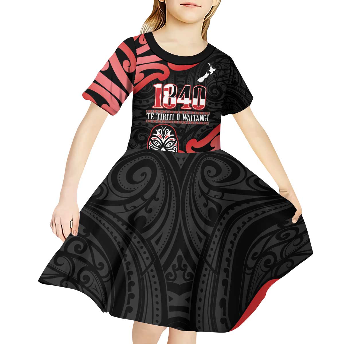 New Zealand 1840 Waitangi Day Kid Short Sleeve Dress Aotearoa Haka Mask - Red Version - Vibe Hoodie Shop