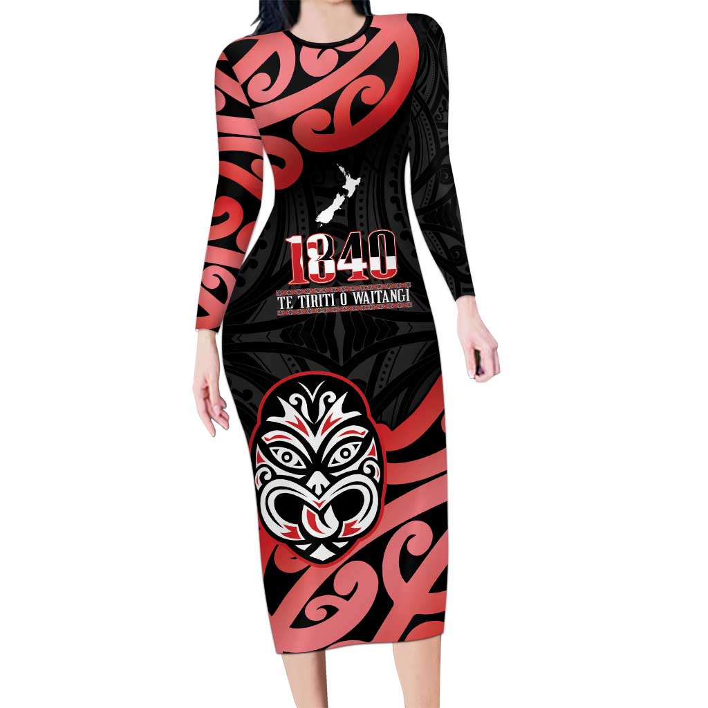 New Zealand 1840 Waitangi Day Long Sleeve Bodycon Dress Aotearoa Haka Mask - Red Version