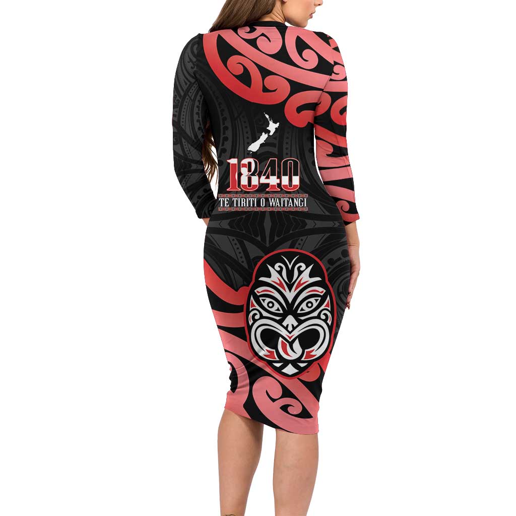 New Zealand 1840 Waitangi Day Long Sleeve Bodycon Dress Aotearoa Haka Mask - Red Version