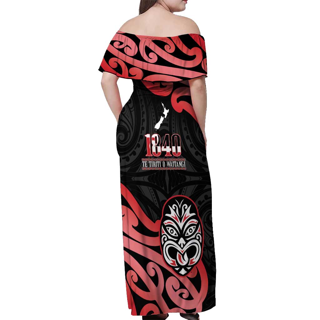 New Zealand 1840 Waitangi Day Off Shoulder Maxi Dress Aotearoa Haka Mask - Red Version