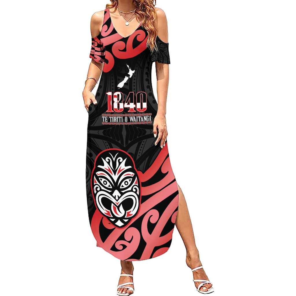 New Zealand 1840 Waitangi Day Summer Maxi Dress Aotearoa Haka Mask - Red Version