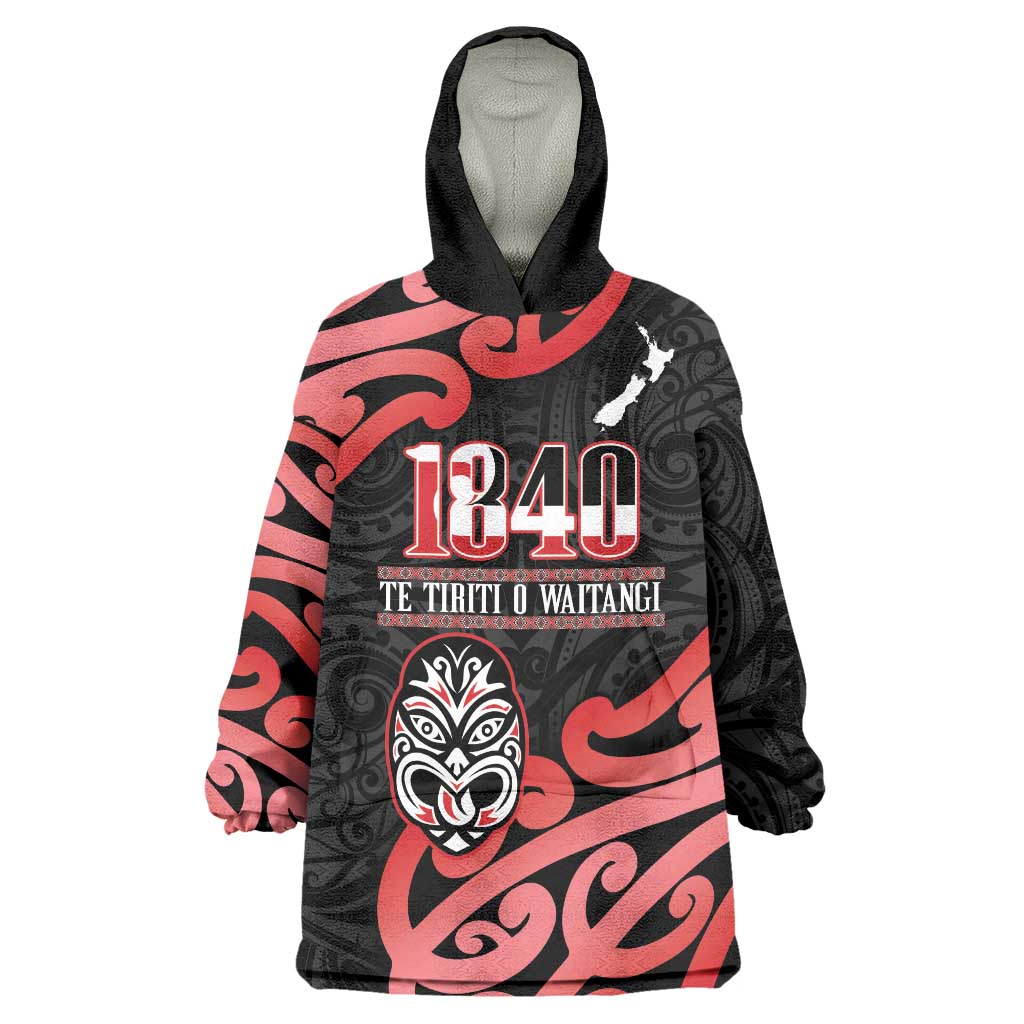 New Zealand 1840 Waitangi Day Wearable Blanket Hoodie Aotearoa Haka Mask - Red Version - Vibe Hoodie Shop