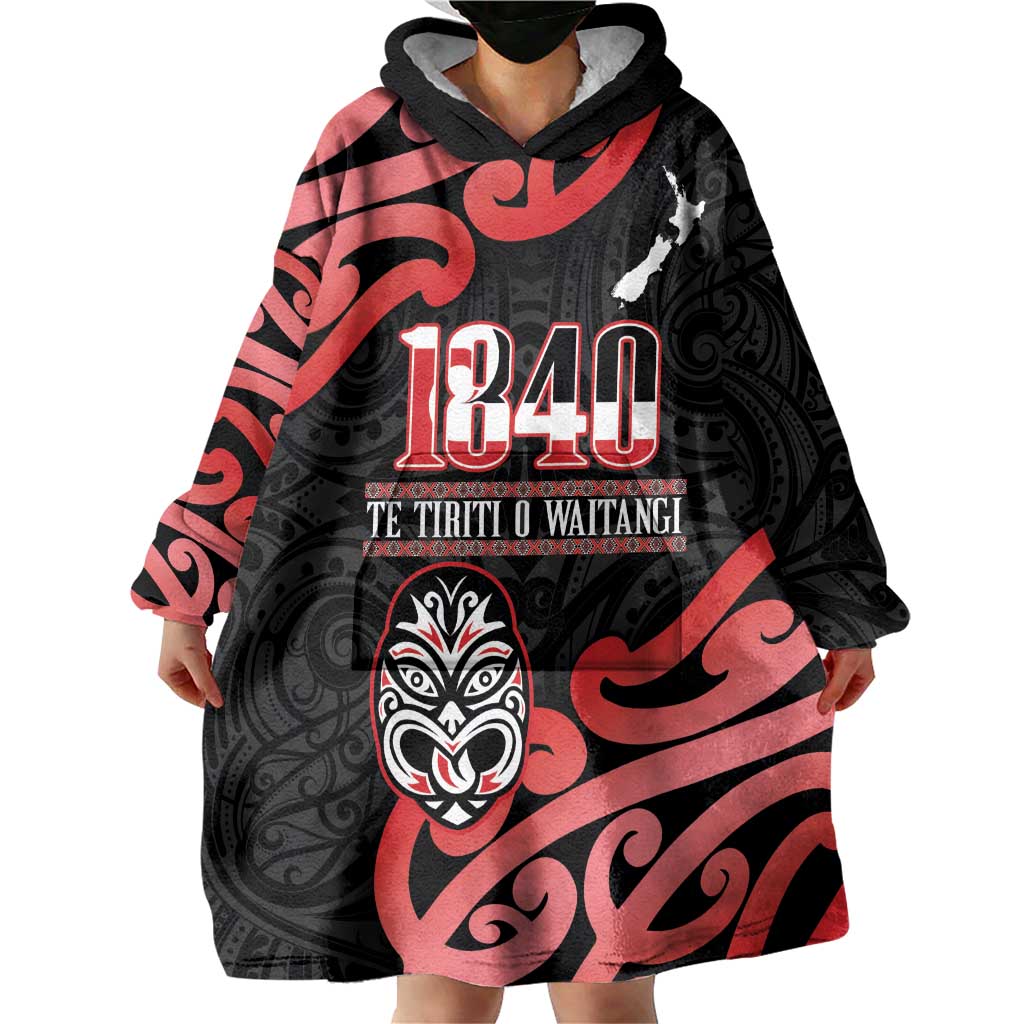 New Zealand 1840 Waitangi Day Wearable Blanket Hoodie Aotearoa Haka Mask - Red Version - Vibe Hoodie Shop