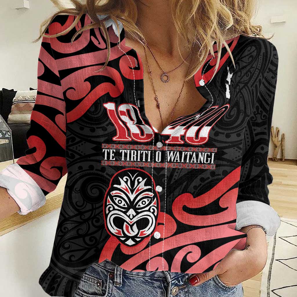 New Zealand 1840 Waitangi Day Women Casual Shirt Aotearoa Haka Mask - Red Version - Vibe Hoodie Shop