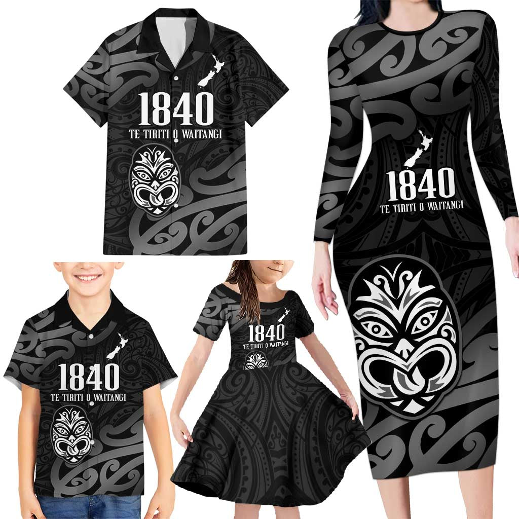 New Zealand 1840 Waitangi Day Family Matching Long Sleeve Bodycon Dress and Hawaiian Shirt Aotearoa Haka Mask - Black Version