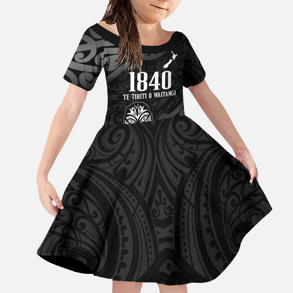 New Zealand 1840 Waitangi Day Family Matching Long Sleeve Bodycon Dress and Hawaiian Shirt Aotearoa Haka Mask - Black Version