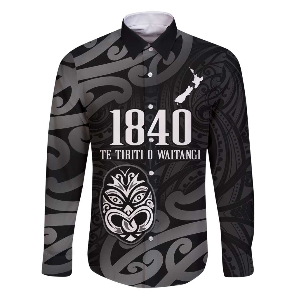 New Zealand 1840 Waitangi Day Family Matching Long Sleeve Bodycon Dress and Hawaiian Shirt Aotearoa Haka Mask - Black Version