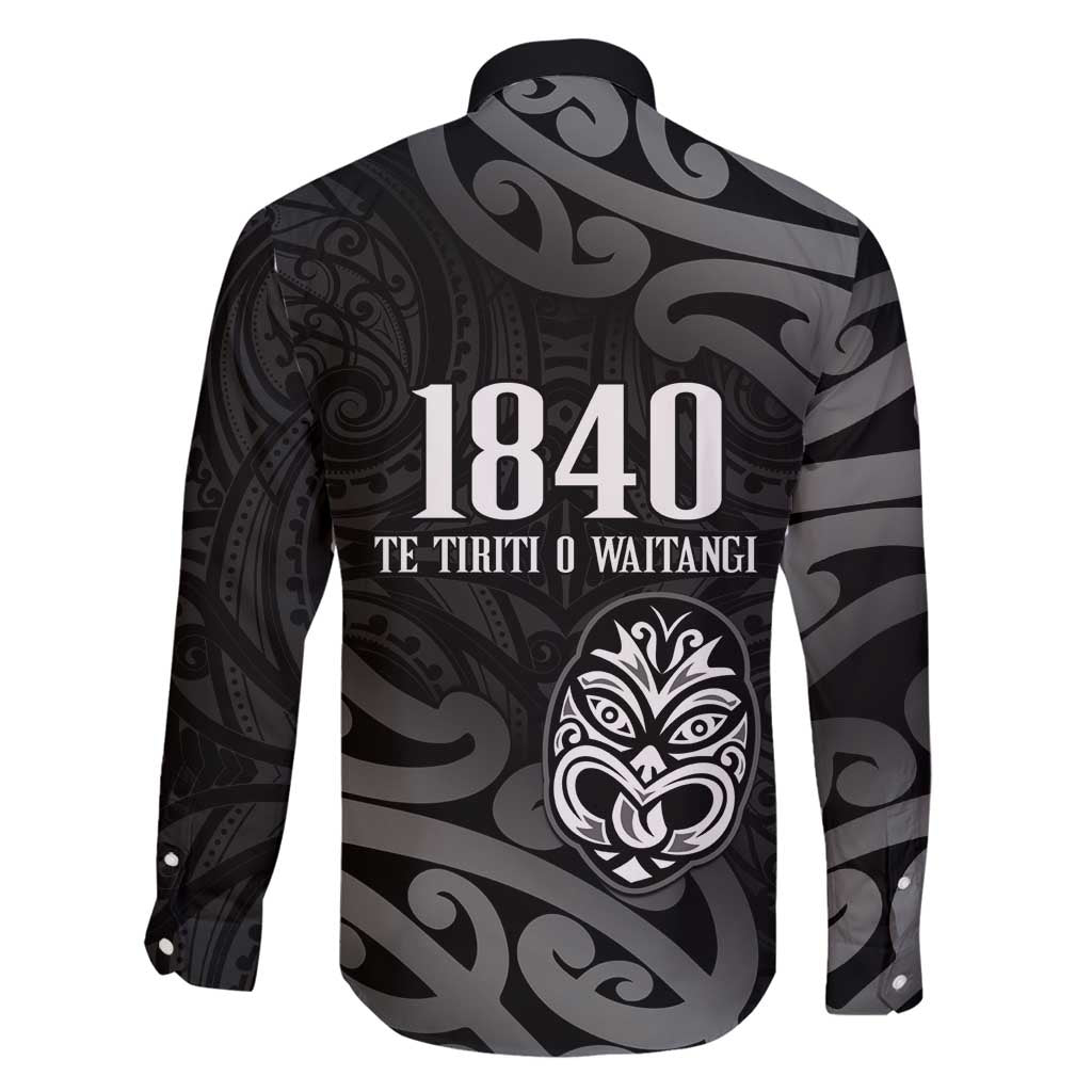 New Zealand 1840 Waitangi Day Family Matching Long Sleeve Bodycon Dress and Hawaiian Shirt Aotearoa Haka Mask - Black Version