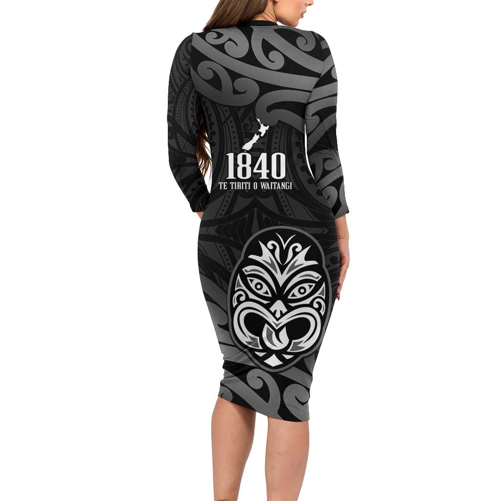 New Zealand 1840 Waitangi Day Family Matching Long Sleeve Bodycon Dress and Hawaiian Shirt Aotearoa Haka Mask - Black Version