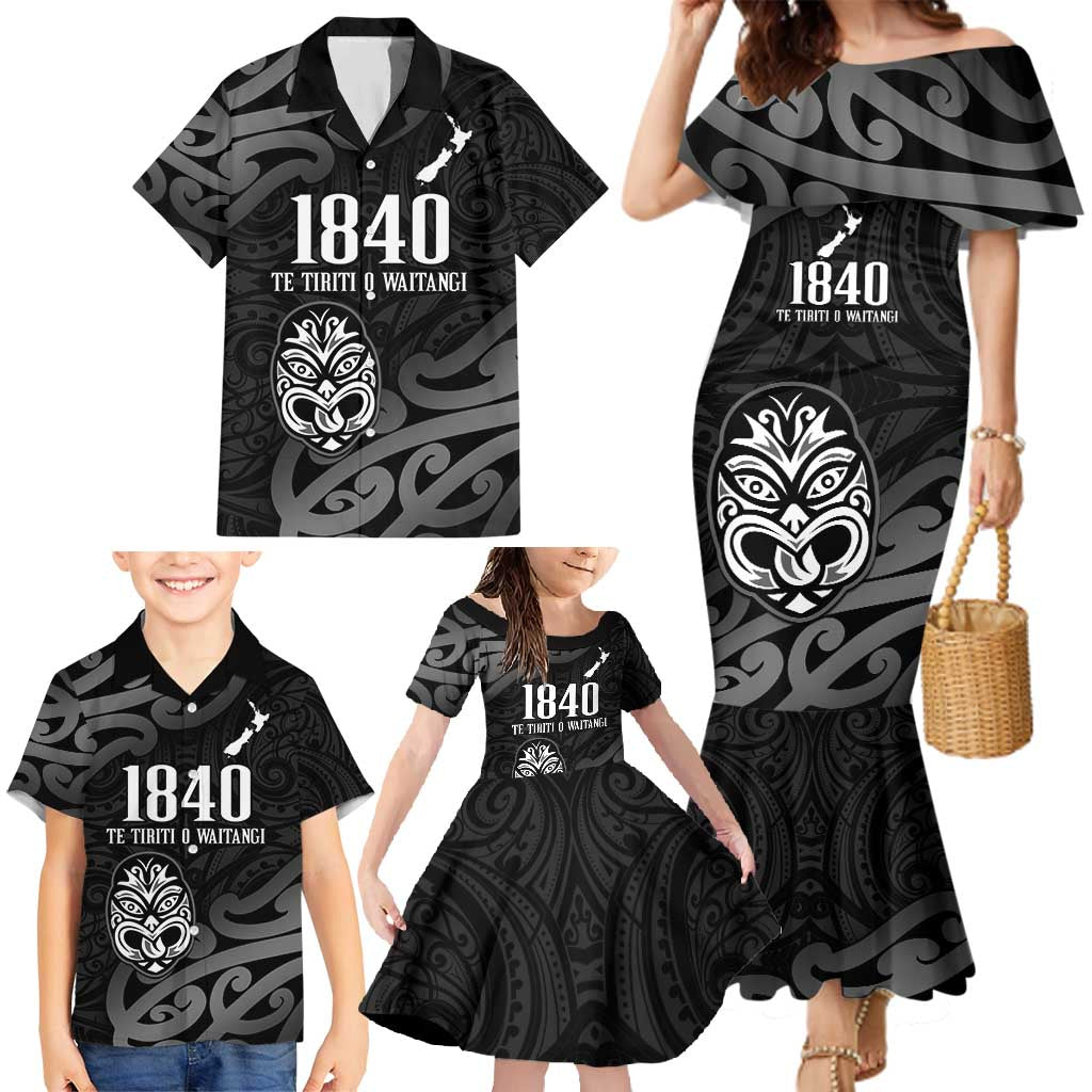 New Zealand 1840 Waitangi Day Family Matching Mermaid Dress and Hawaiian Shirt Aotearoa Haka Mask - Black Version