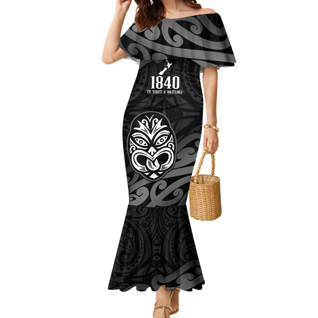 New Zealand 1840 Waitangi Day Family Matching Mermaid Dress and Hawaiian Shirt Aotearoa Haka Mask - Black Version