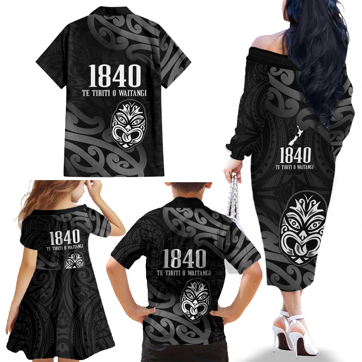 New Zealand 1840 Waitangi Day Family Matching Off The Shoulder Long Sleeve Dress and Hawaiian Shirt Aotearoa Haka Mask - Black Version