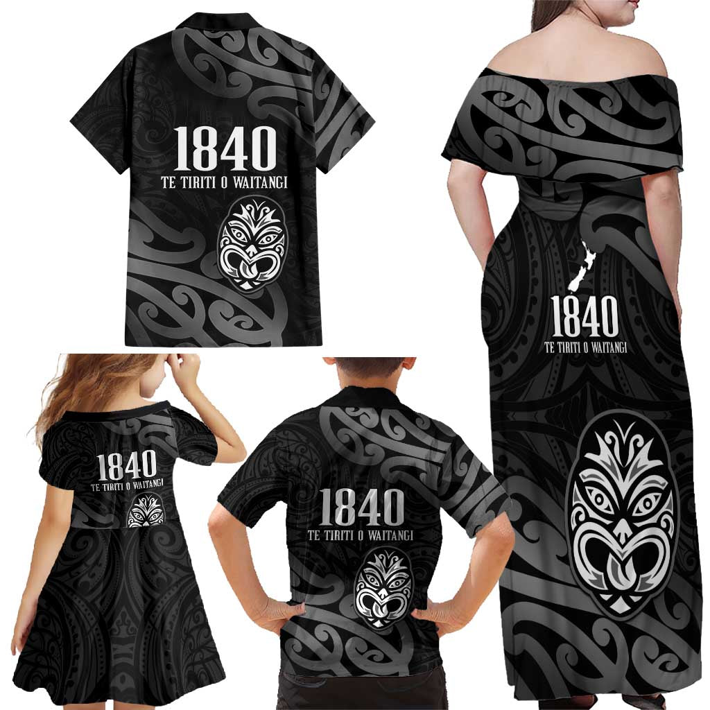 New Zealand 1840 Waitangi Day Family Matching Off Shoulder Maxi Dress and Hawaiian Shirt Aotearoa Haka Mask - Black Version