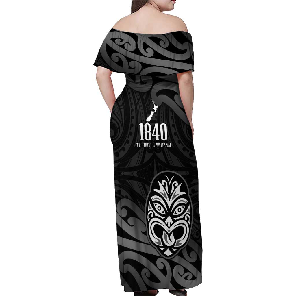 New Zealand 1840 Waitangi Day Family Matching Off Shoulder Maxi Dress and Hawaiian Shirt Aotearoa Haka Mask - Black Version