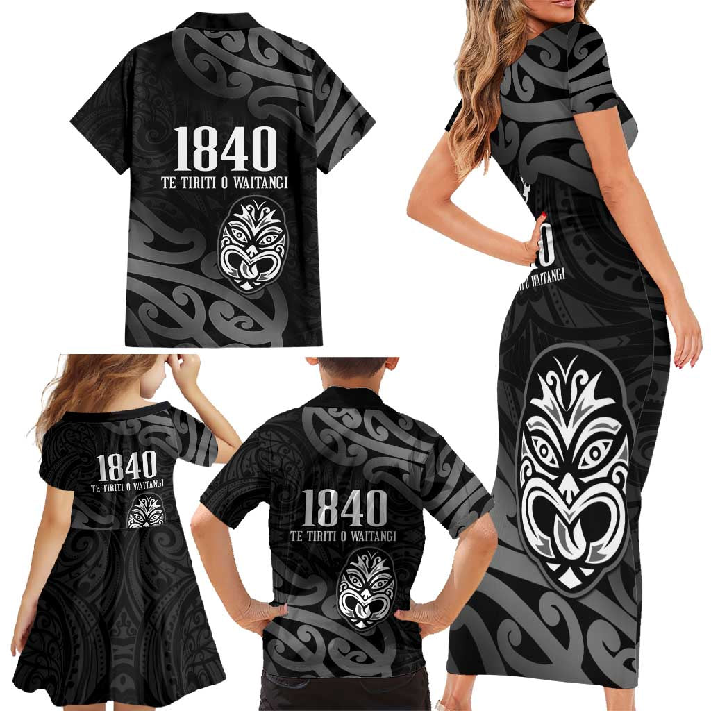 New Zealand 1840 Waitangi Day Family Matching Short Sleeve Bodycon Dress and Hawaiian Shirt Aotearoa Haka Mask - Black Version