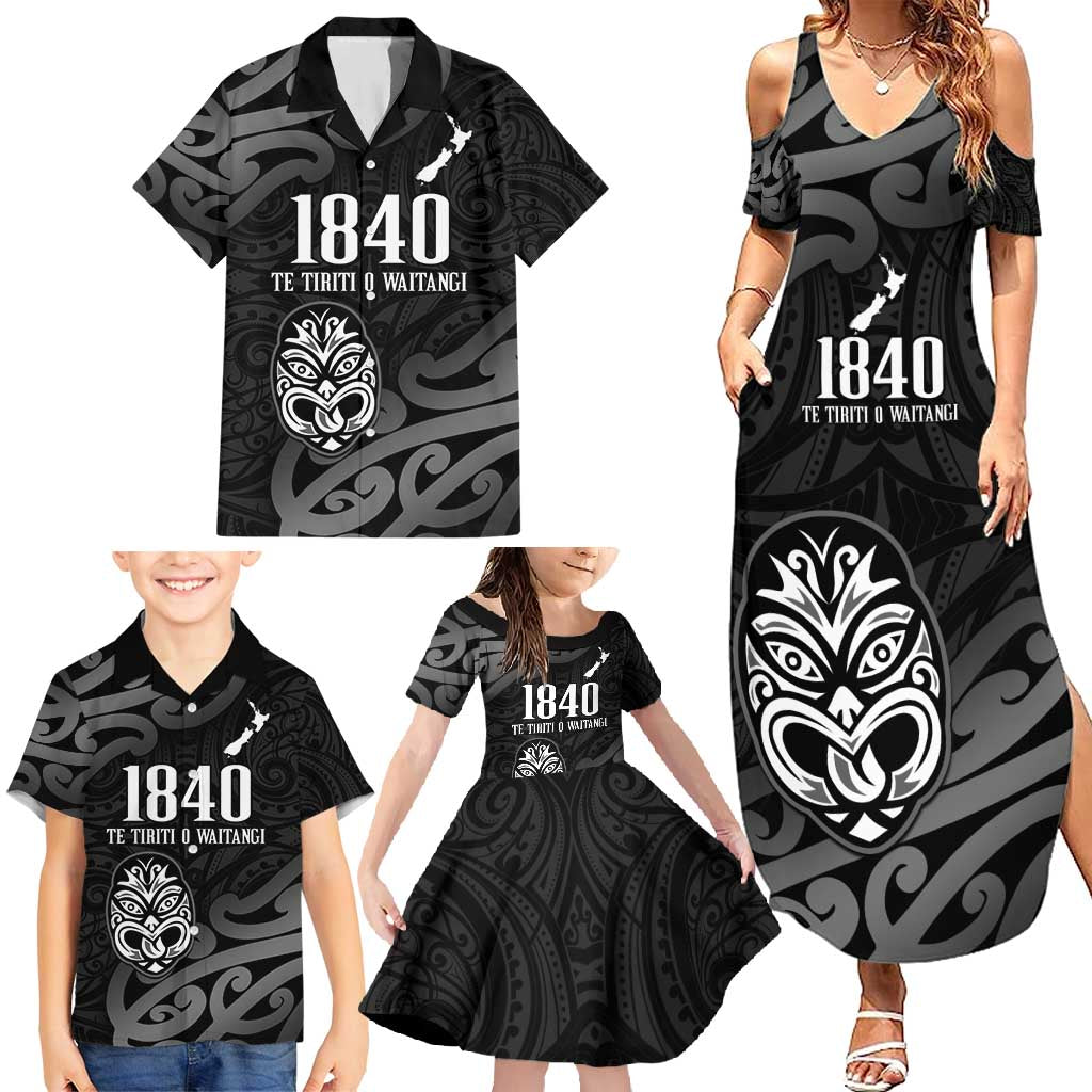 New Zealand 1840 Waitangi Day Family Matching Summer Maxi Dress and Hawaiian Shirt Aotearoa Haka Mask - Black Version