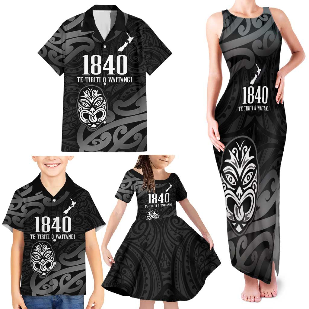 New Zealand 1840 Waitangi Day Family Matching Tank Maxi Dress and Hawaiian Shirt Aotearoa Haka Mask - Black Version