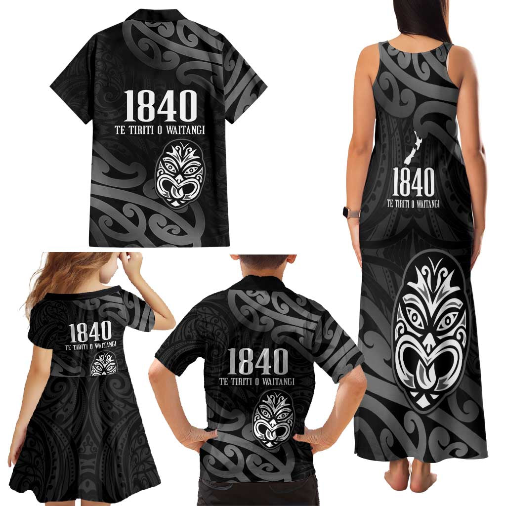 New Zealand 1840 Waitangi Day Family Matching Tank Maxi Dress and Hawaiian Shirt Aotearoa Haka Mask - Black Version