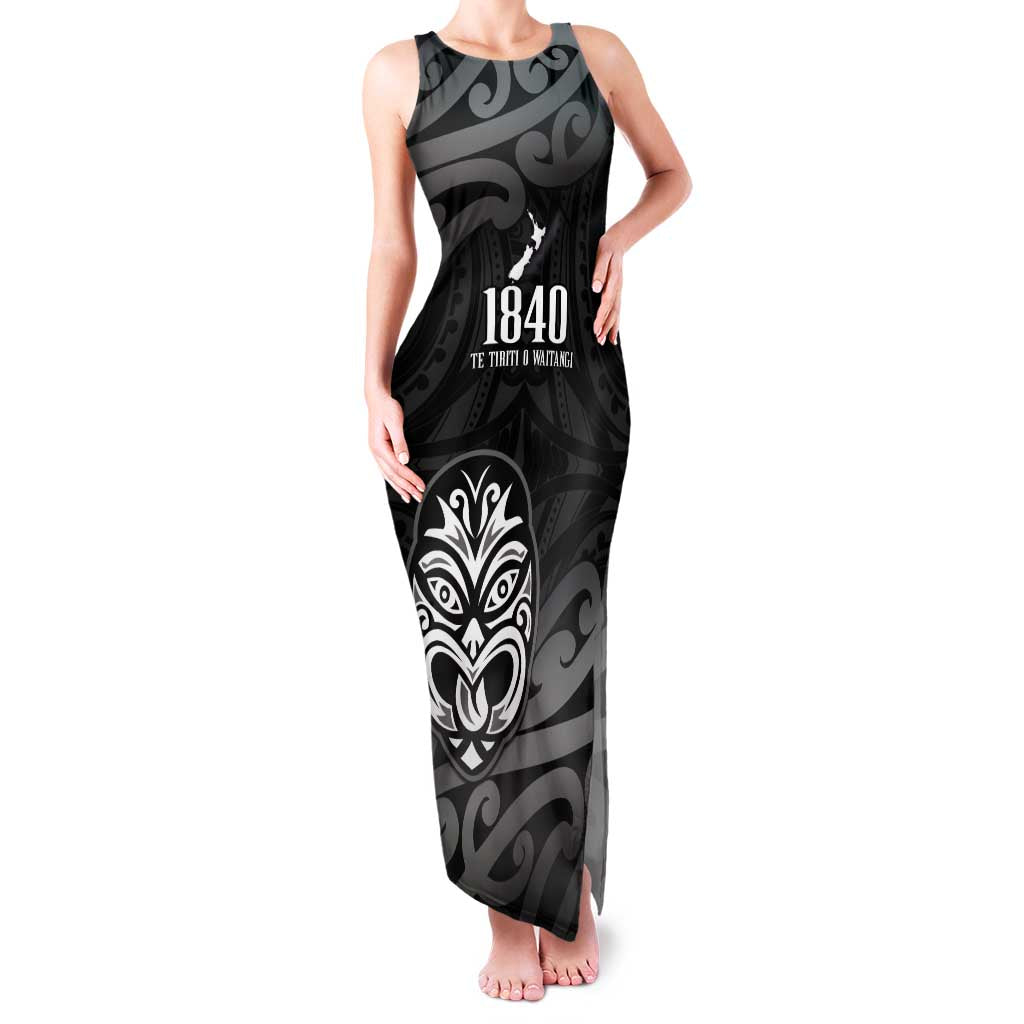 New Zealand 1840 Waitangi Day Family Matching Tank Maxi Dress and Hawaiian Shirt Aotearoa Haka Mask - Black Version