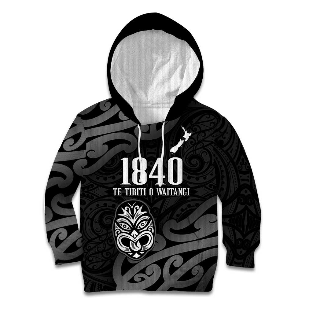 New Zealand 1840 Waitangi Day Kid Hoodie Aotearoa Haka Mask - Black Version - Vibe Hoodie Shop