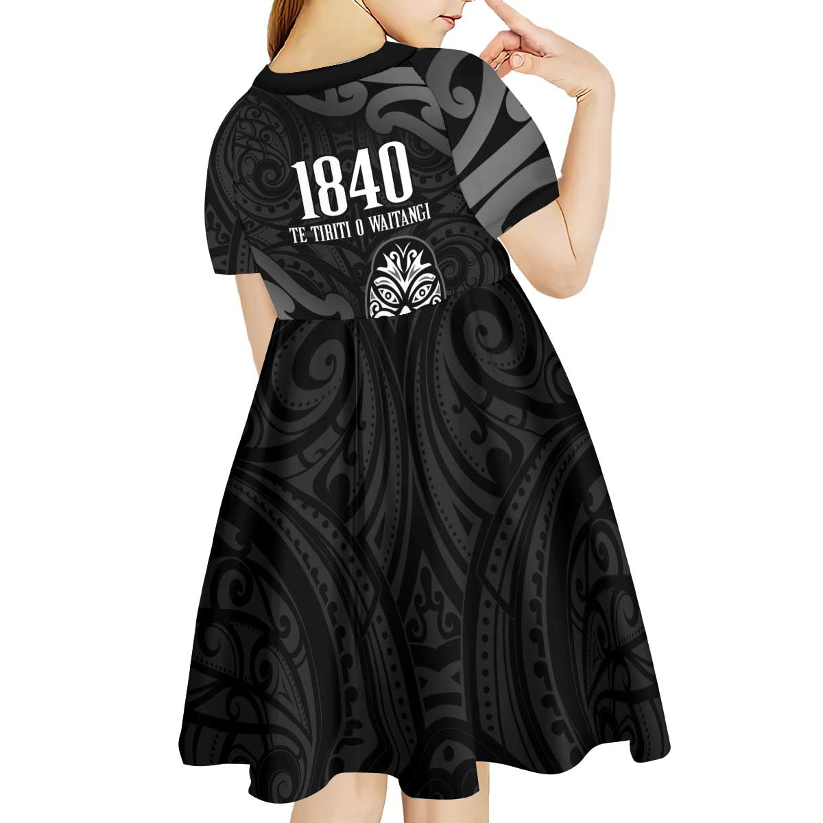 New Zealand 1840 Waitangi Day Kid Short Sleeve Dress Aotearoa Haka Mask - Black Version - Vibe Hoodie Shop