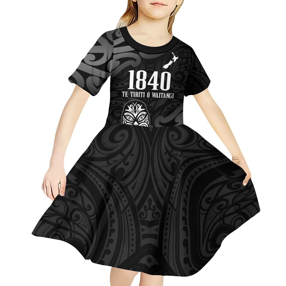 New Zealand 1840 Waitangi Day Kid Short Sleeve Dress Aotearoa Haka Mask - Black Version - Vibe Hoodie Shop