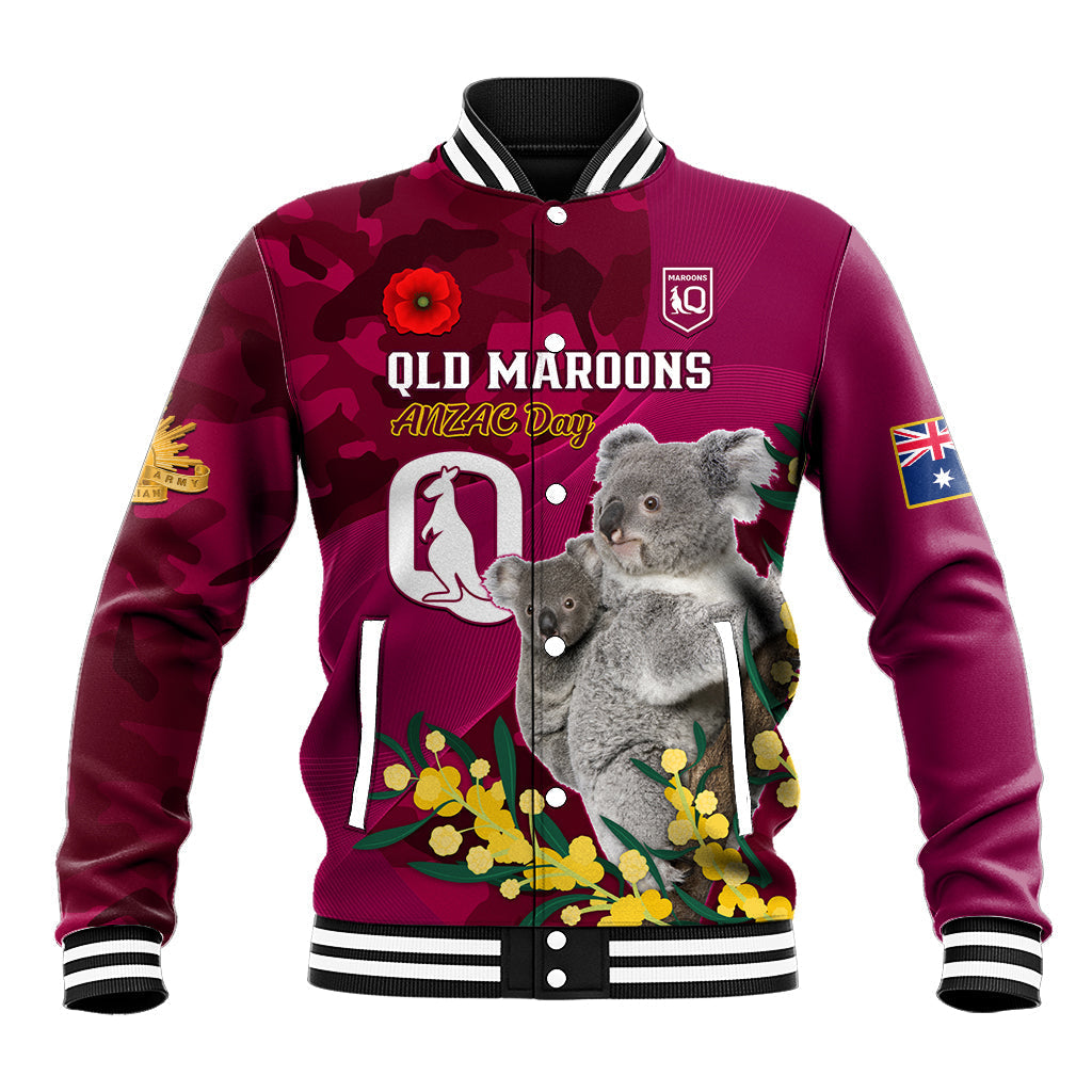 Custom QLD Maroons ANZAC Day Baseball Jacket Australian Koala Mix Camouflage - Vibe Hoodie Shop