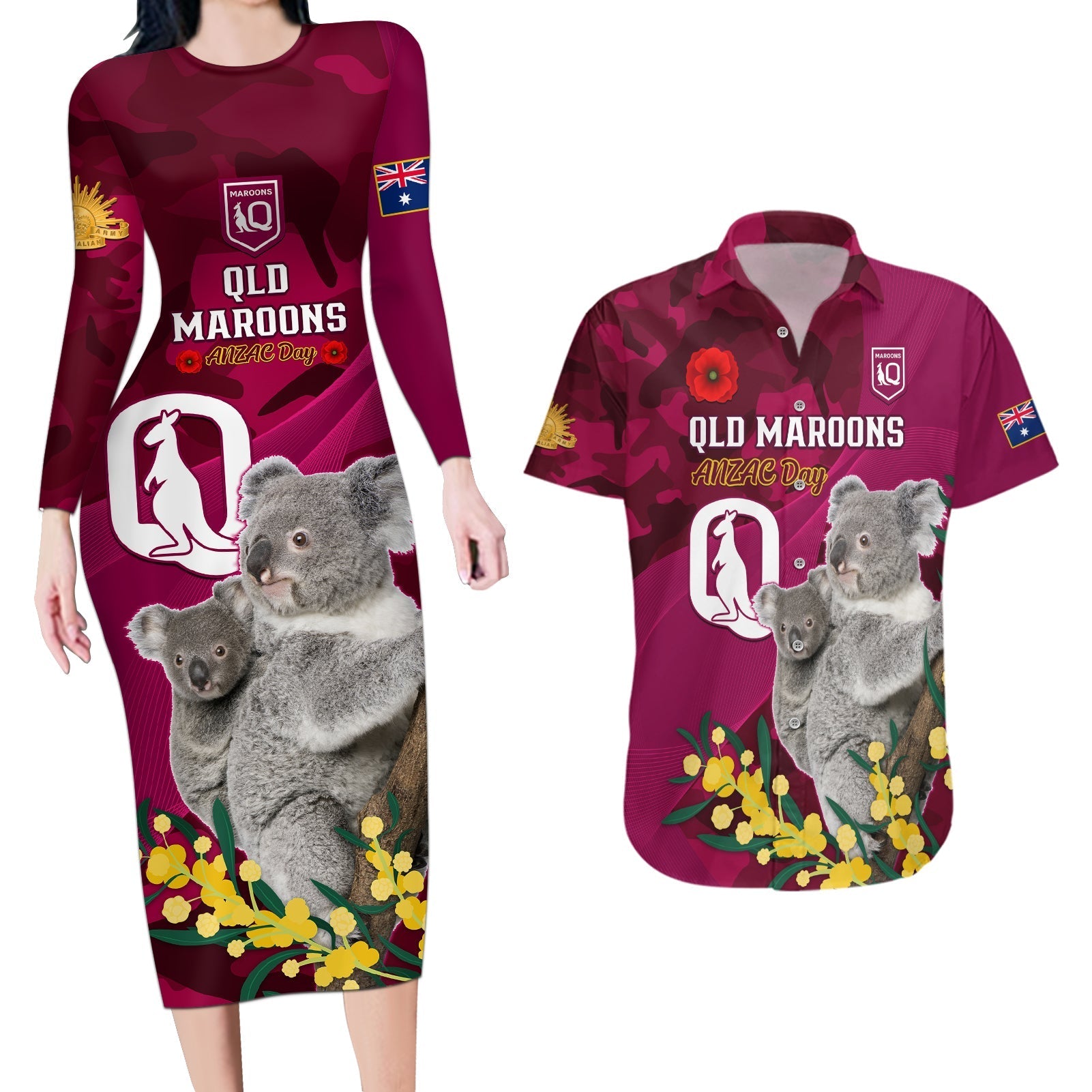 Custom QLD Maroons ANZAC Day Couples Matching Long Sleeve Bodycon Dress and Hawaiian Shirt Australian Koala Mix Camouflage