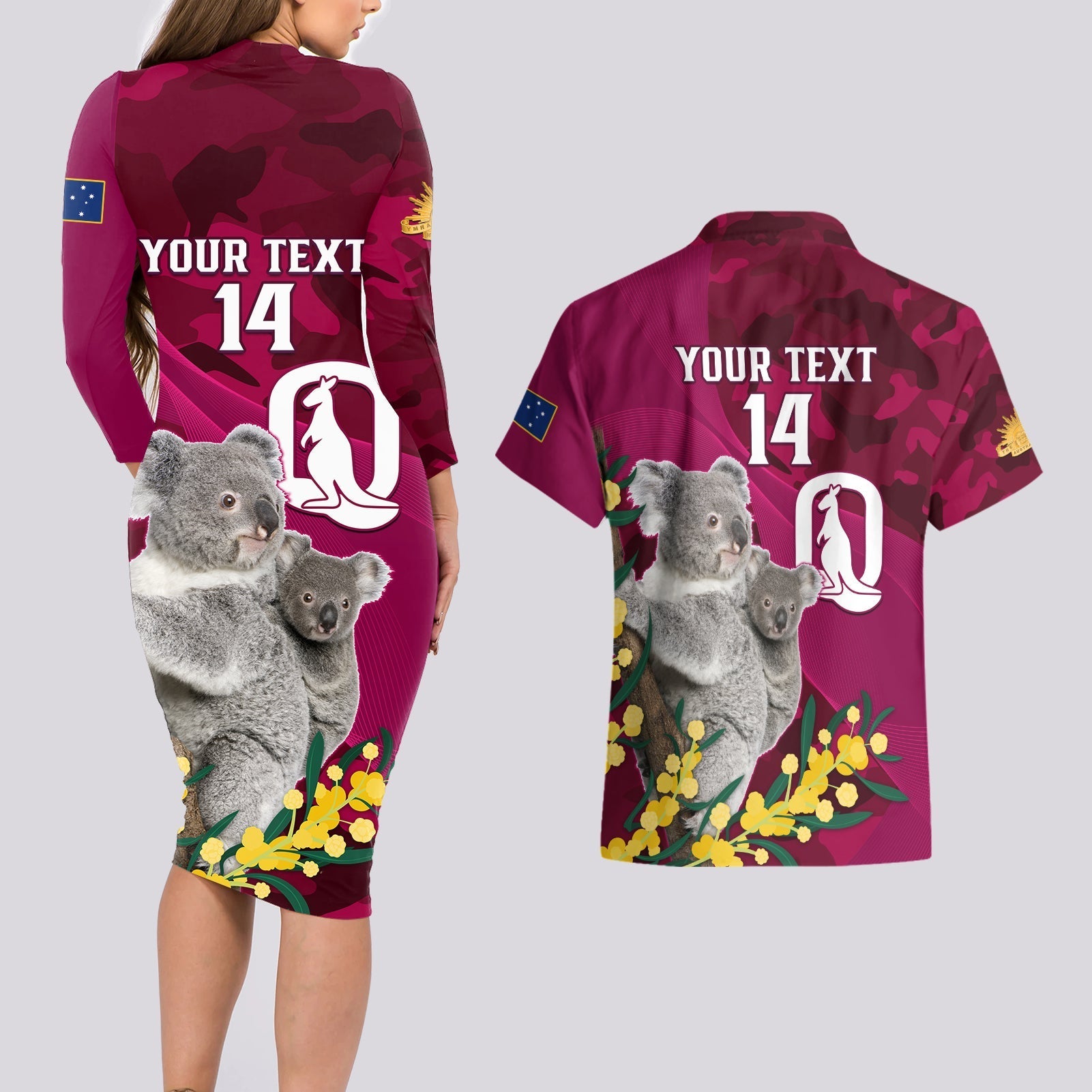 Custom QLD Maroons ANZAC Day Couples Matching Long Sleeve Bodycon Dress and Hawaiian Shirt Australian Koala Mix Camouflage